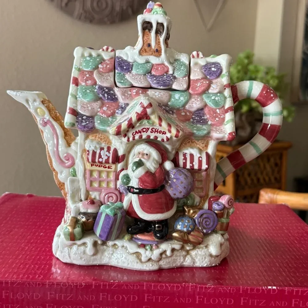 NIB Fitz and Floyd Candy Lane Ceramic Teapot with Multicolor Accents Christmas